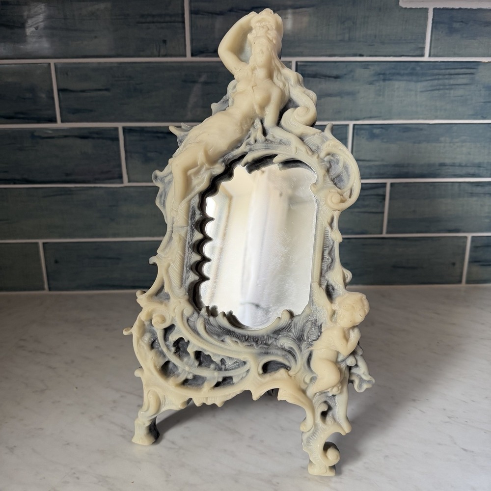 Antique Baroque Style Incolay Stone Vanity Mirror Woman Cherub Art Nouveau